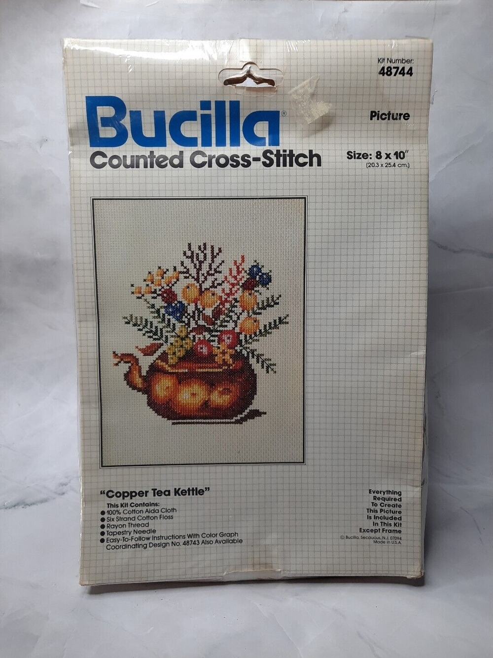Vintage Bucilla Counted Cross Stitch Picture Kit Copper Tea Kettle 48744